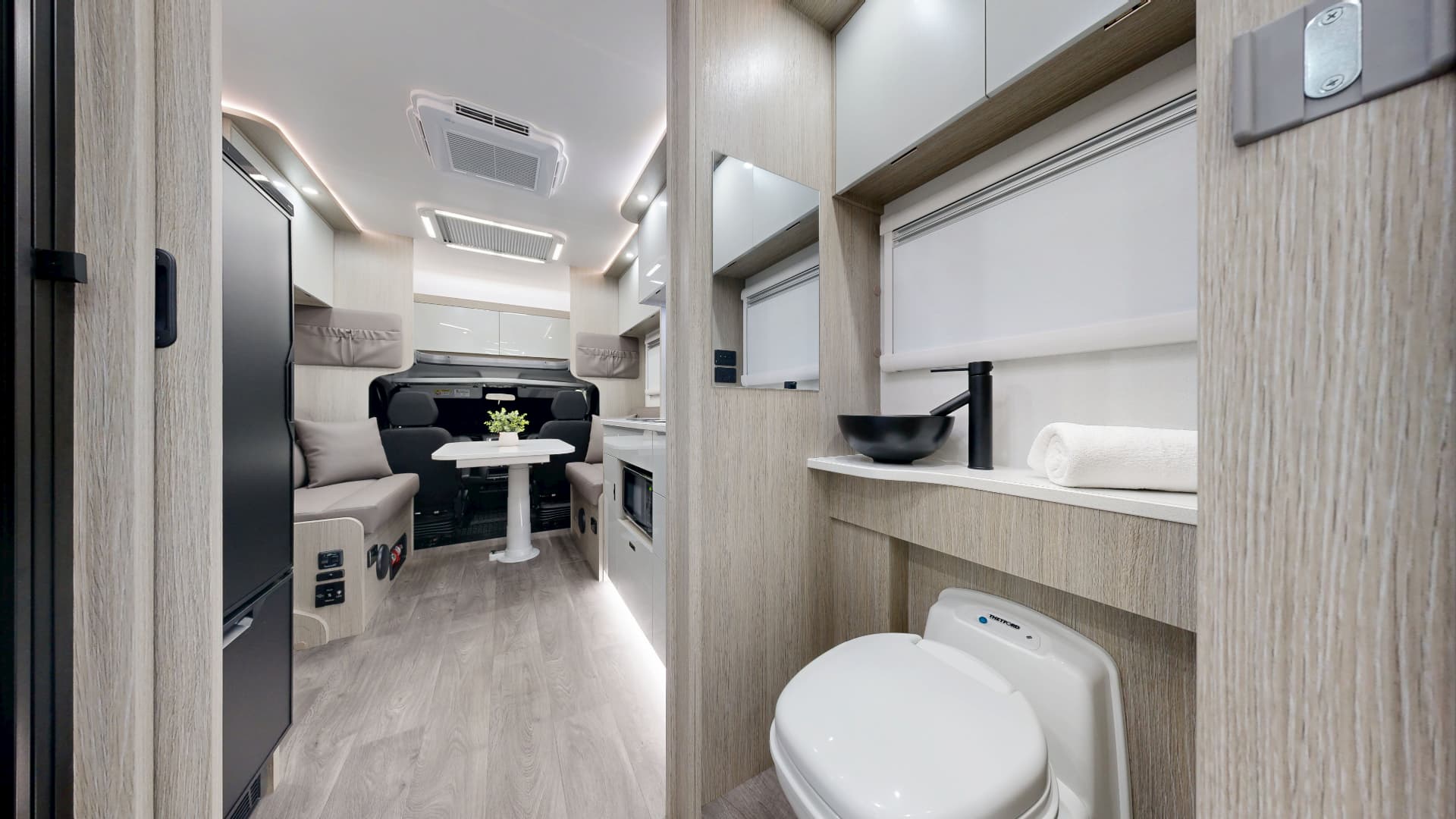 Supreme Motorhome interior bathroom vanity and hallway